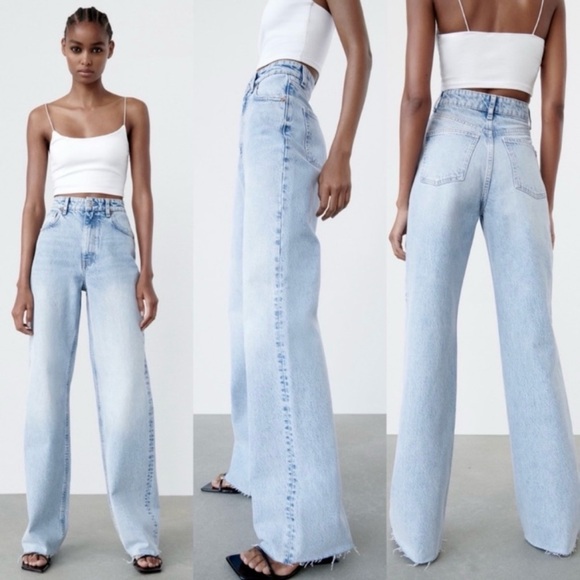 Zara high rise wide leg raw hem jeans 6045/224 size 4 - Picture 1 of 6